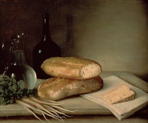 Stilleben med brød, ost og et flagg med vin